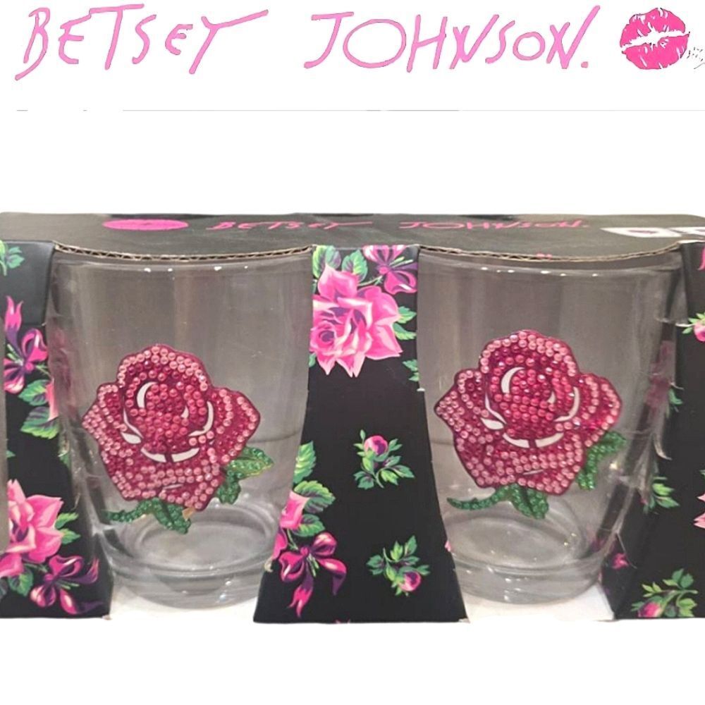 Betsey Johnson Pair Of Rhinestone Rose Glass Mugs‎